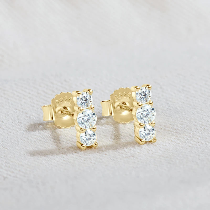 Moissanite Bar & Curved Climber Stud Earrings in Sterling Silver — Gold-tone bars