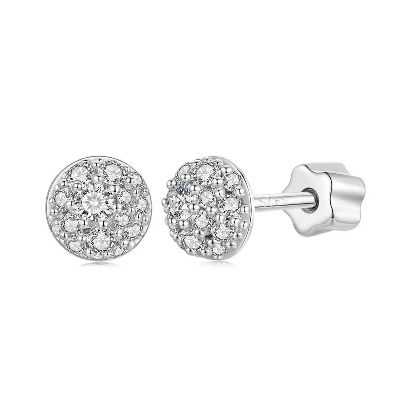 Domed Pavé Moissanite Stud Earrings in 925 Sterling Silver — Front and post view