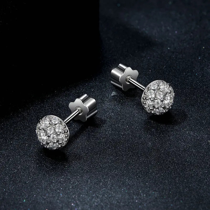 Domed Pavé Moissanite Stud Earrings in 925 Sterling Silver — Pair on black fabric