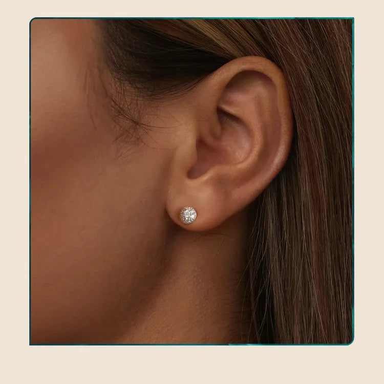 Domed Pavé Moissanite Stud Earrings in 925 Sterling Silver — Worn scale