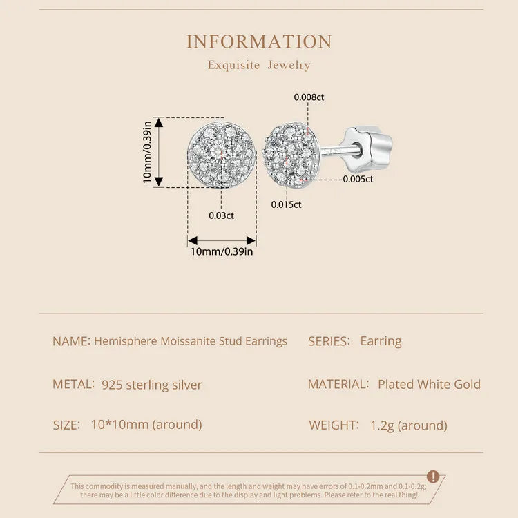 Domed Pavé Moissanite Stud Earrings in 925 Sterling Silver — 10 mm dimensions