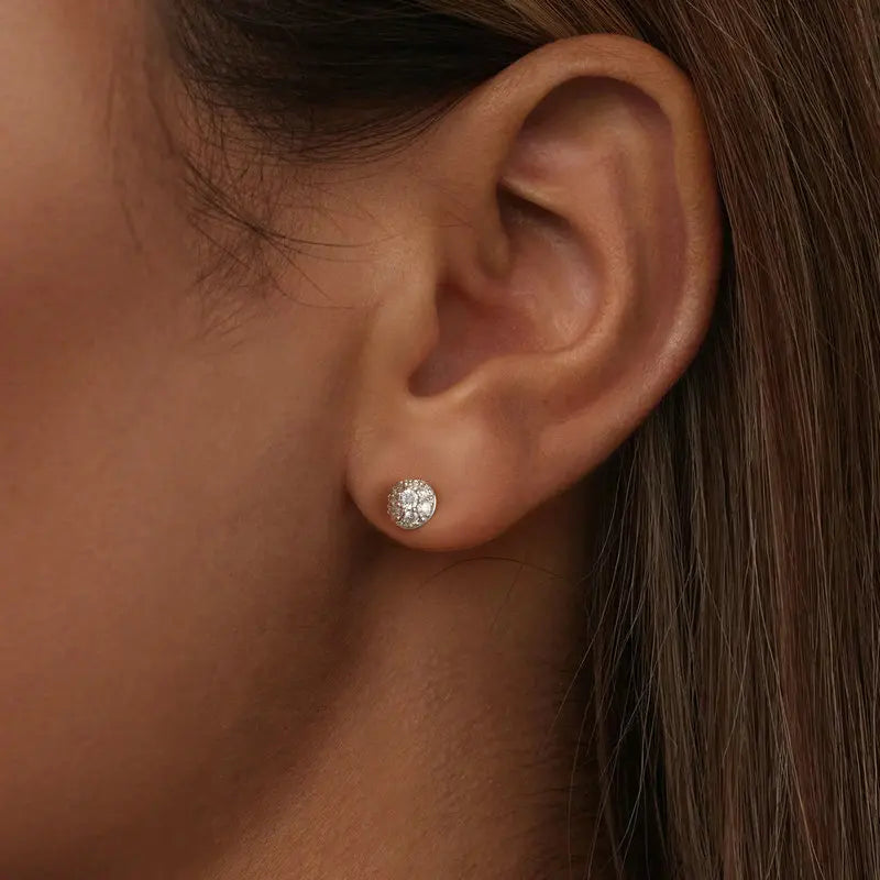Domed Pavé Moissanite Stud Earrings in 925 Sterling Silver — Close-up on ear