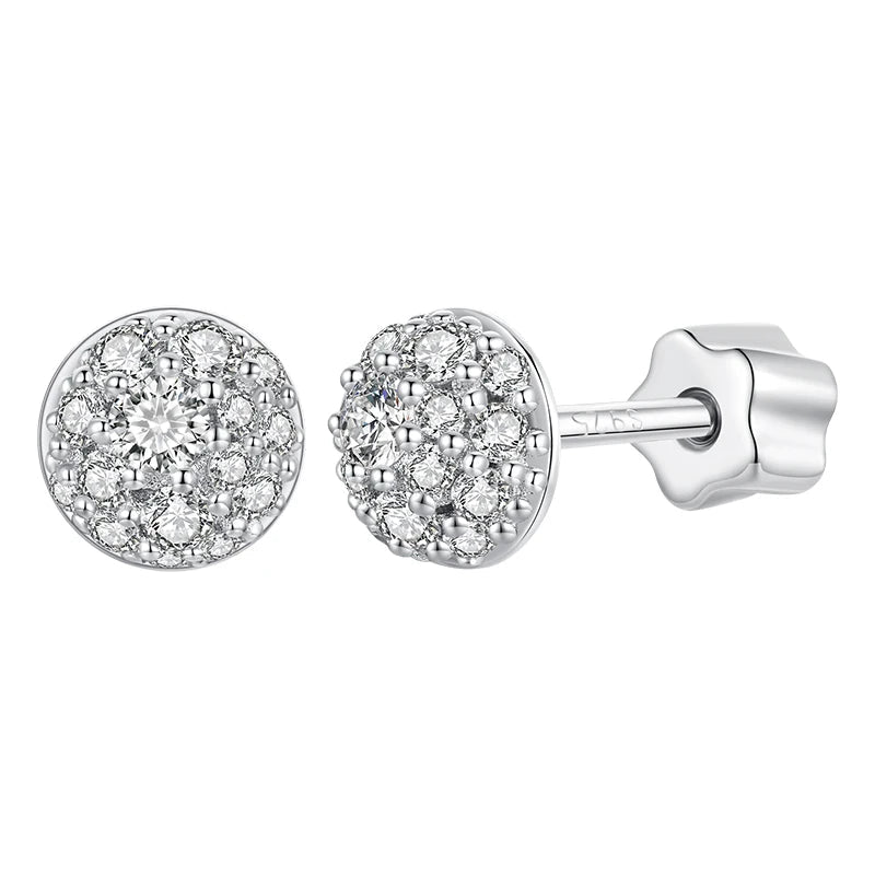 Domed Pavé Moissanite Stud Earrings in 925 Sterling Silver — Front and post view