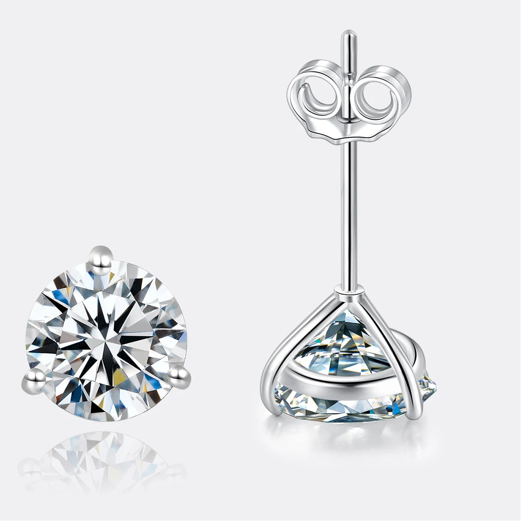 Three-Prong Round Moissanite Stud Earrings in Silver — Basket and butterfly back