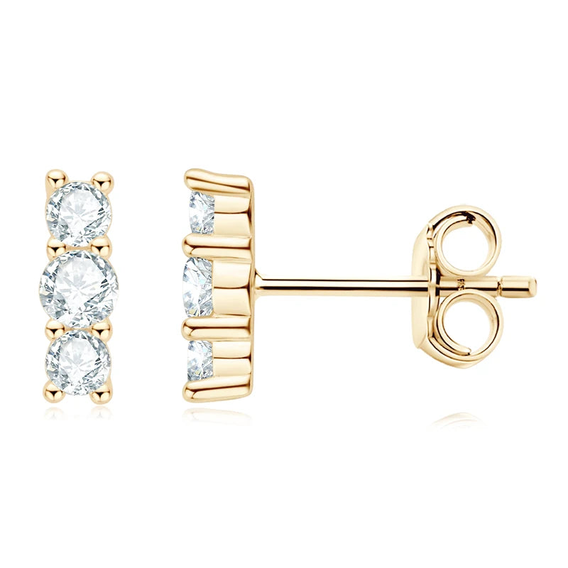 Moissanite Bar & Curved Climber Stud Earrings in Sterling Silver — Gold-tone bar front and side