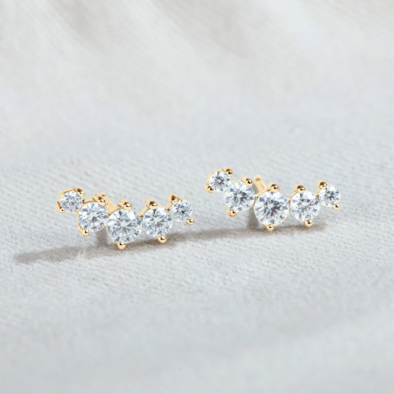 Moissanite Bar & Curved Climber Stud Earrings in Sterling Silver — Gold-tone five-stone climbers