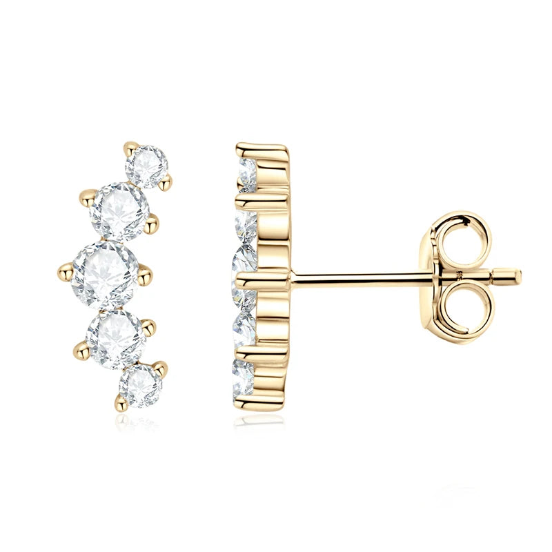 Moissanite Bar & Curved Climber Stud Earrings in Sterling Silver — Gold-tone five-stone front and side