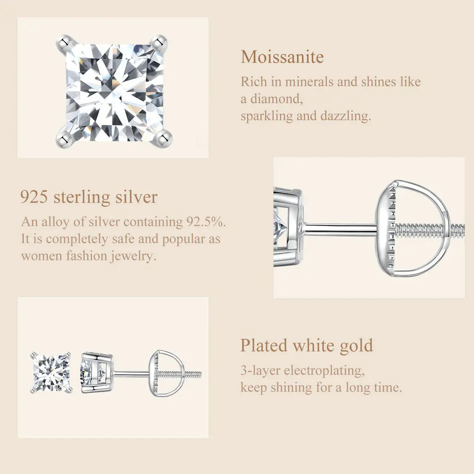 Round & Square Moissanite Screw-Back Stud Earrings in Silver — Square stone detail