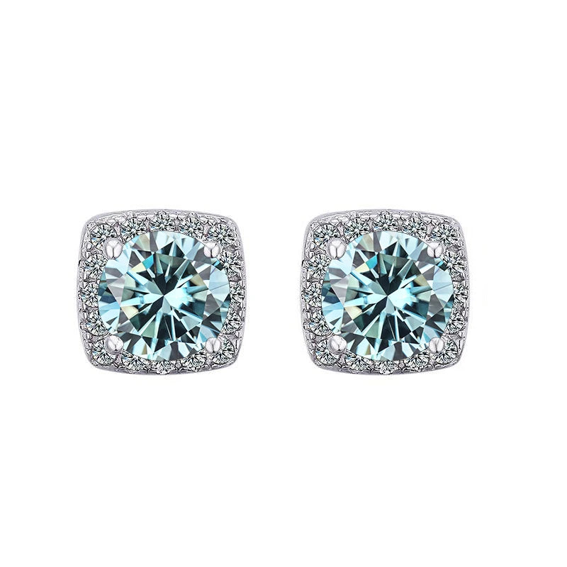Colored Cushion Halo Moissanite Stud Earrings in Silver — Blue
