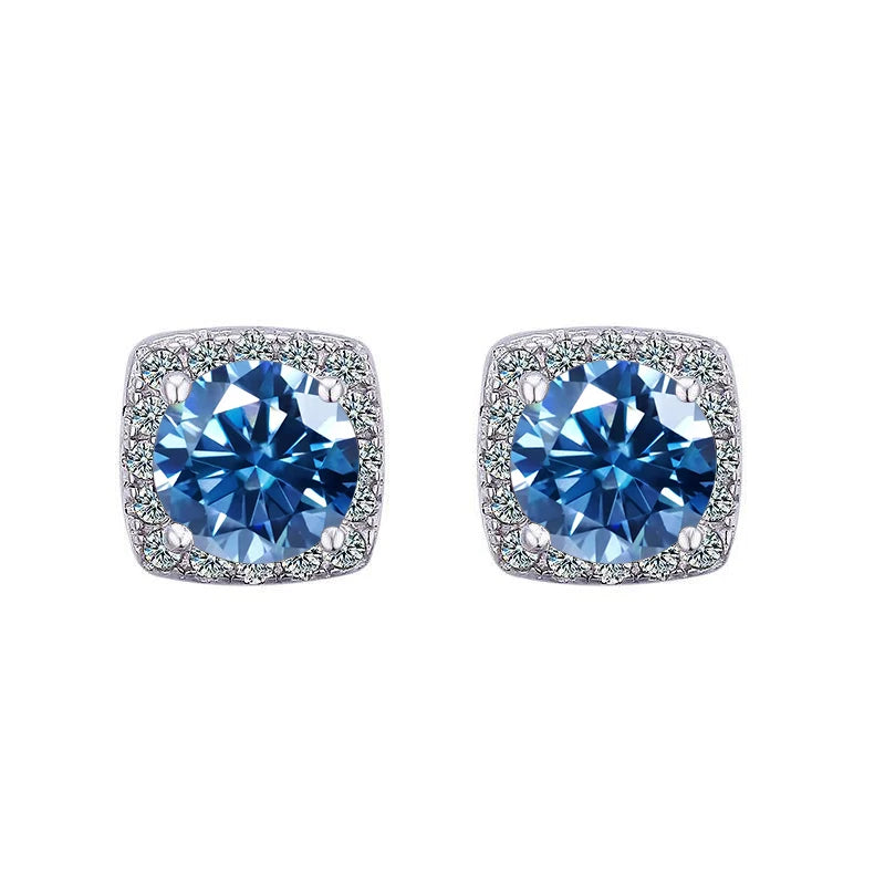 Colored Cushion Halo Moissanite Stud Earrings in Silver — Royal blue