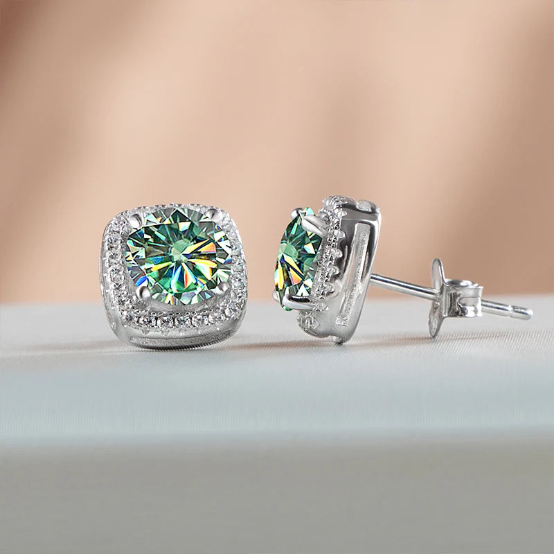 Colored Cushion Halo Moissanite Stud Earrings in Silver — Blue green post detail