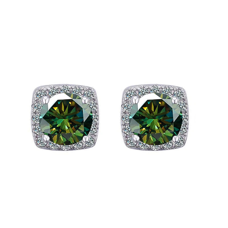 Colored Cushion Halo Moissanite Stud Earrings in Silver — Dark green pair