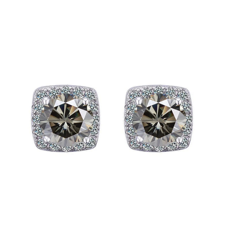 Colored Cushion Halo Moissanite Stud Earrings in Silver — Gray