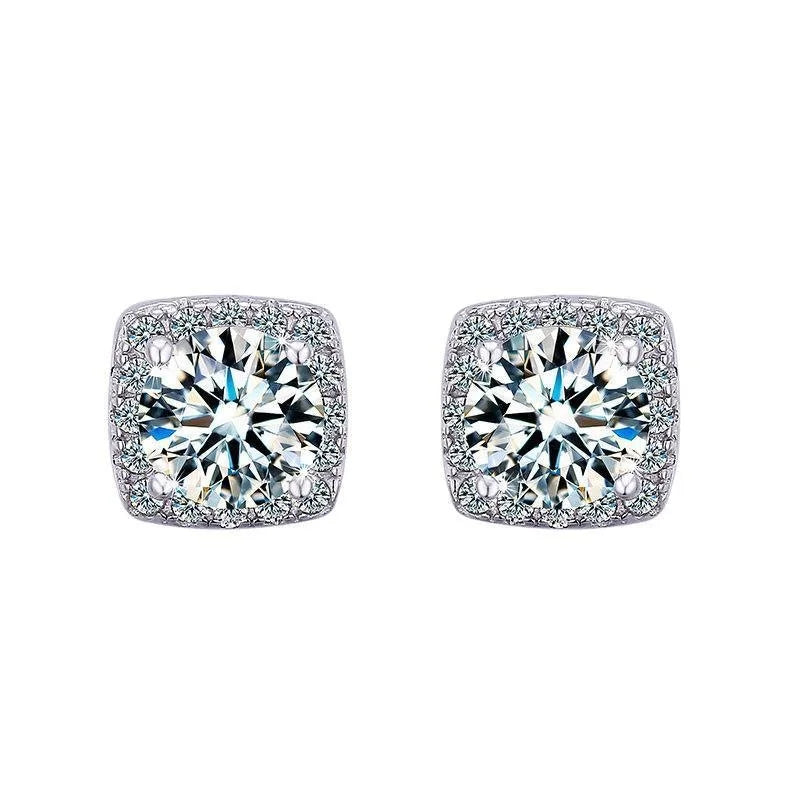 Colored Cushion Halo Moissanite Stud Earrings in Silver — White pair