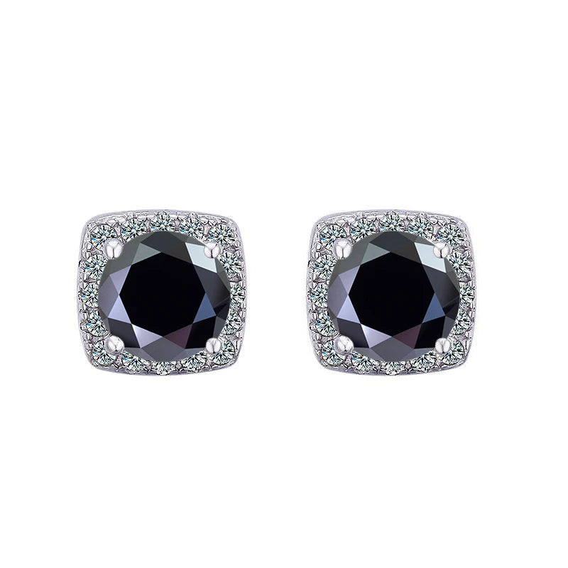 Colored Cushion Halo Moissanite Stud Earrings in Silver — Black