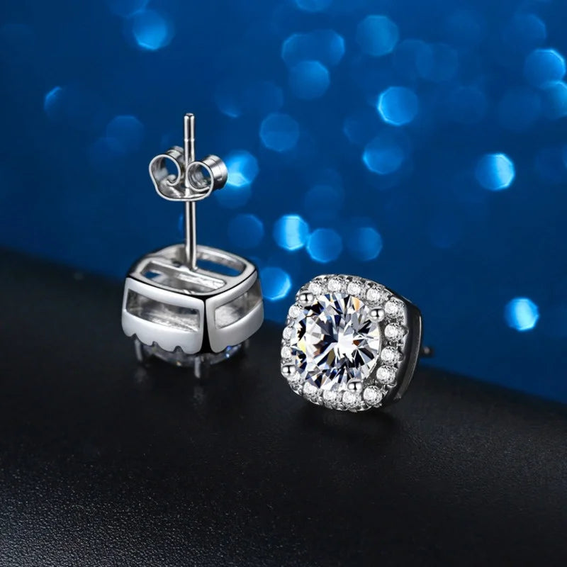 Colored Cushion Halo Moissanite Stud Earrings in Silver — White back detail