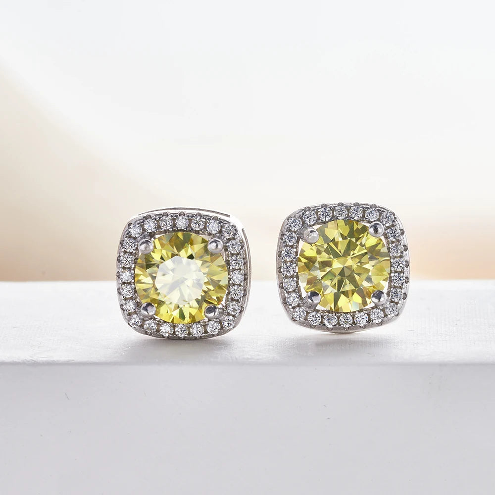 Colored Cushion Halo Moissanite Stud Earrings in Silver — Yellow pair