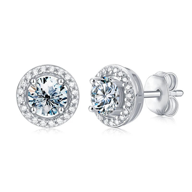 Round Halo Moissanite Stud Earrings in Sterling Silver - Silver front and butterfly back
