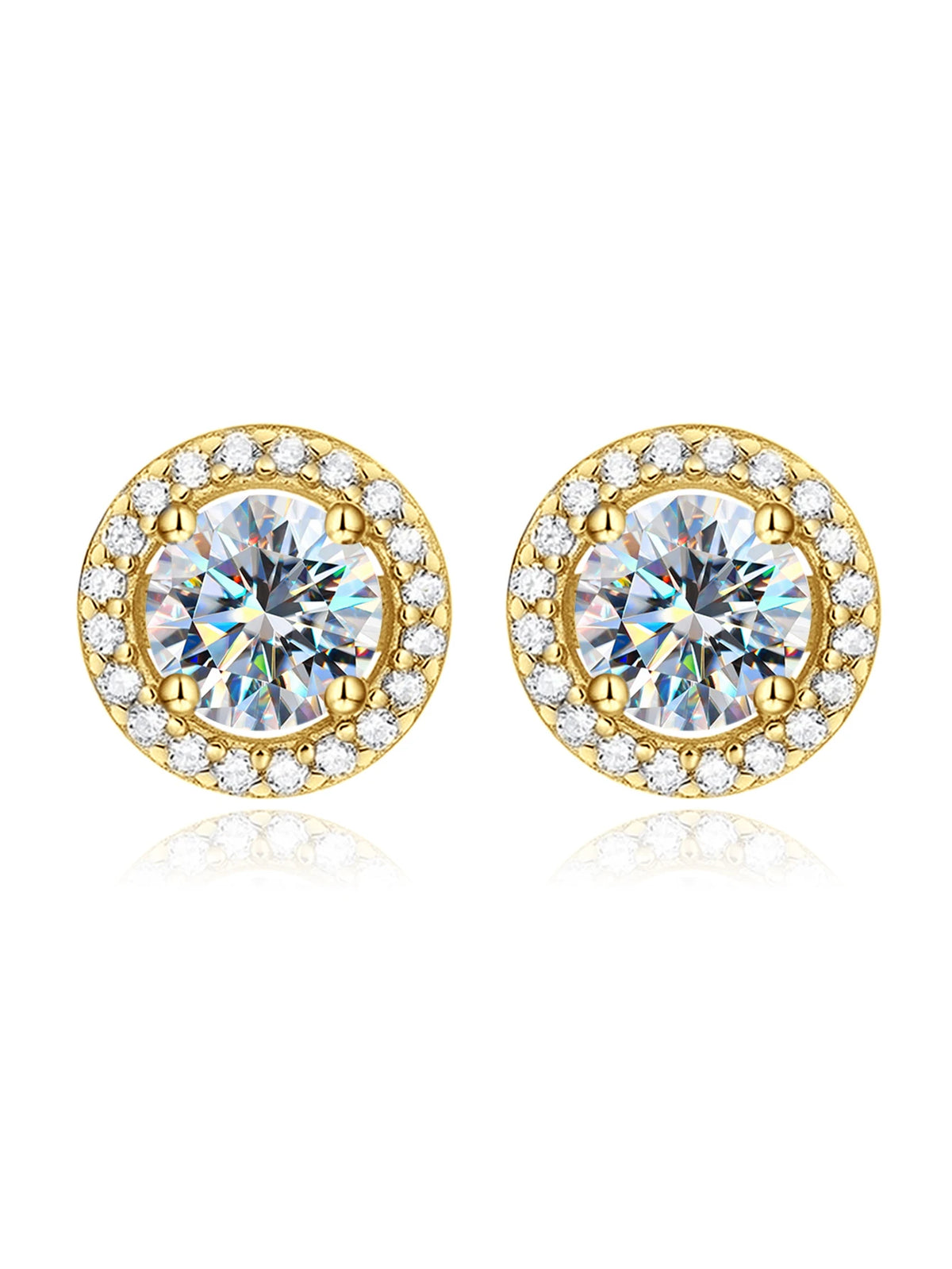 Round Halo Moissanite Stud Earrings in Sterling Silver - Gold-tone halo pair