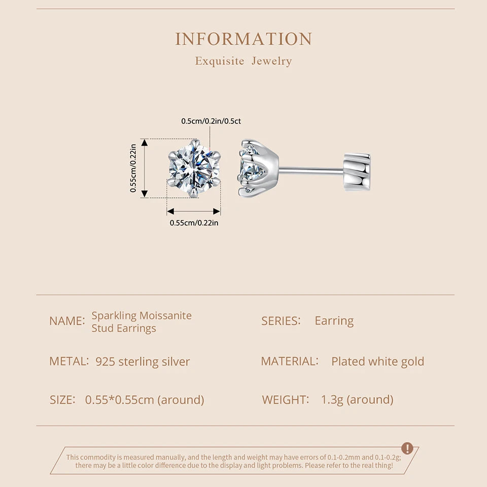 Round Moissanite Crown-Setting Stud Earrings in Sterling Silver — Stone and setting dimensions