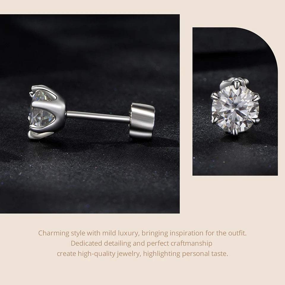 Round Moissanite Crown-Setting Stud Earrings in Sterling Silver — Side detail