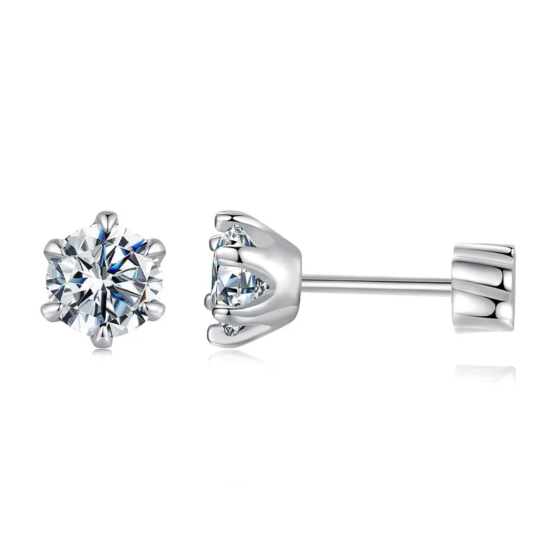 Round Moissanite Crown-Setting Stud Earrings in Sterling Silver — Larger stone option