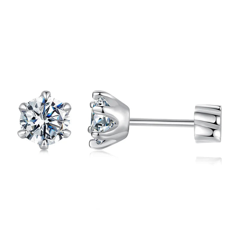 Round Moissanite Crown-Setting Stud Earrings in Sterling Silver — Front and crown setting