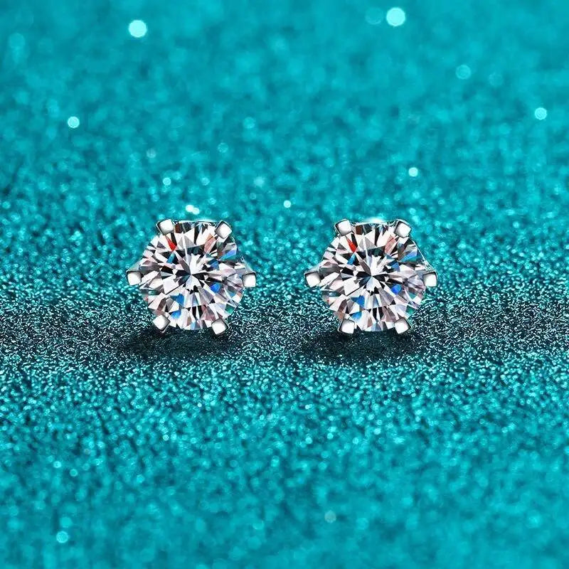 Round Moissanite Ball-Back Stud Earrings in Sterling Silver — Round solitaire fronts