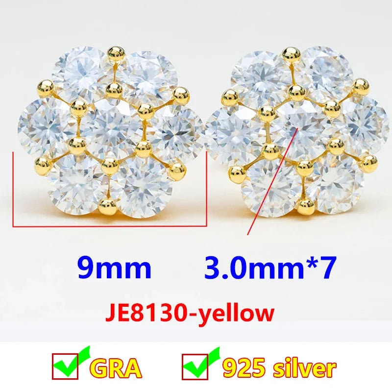 Seven-Stone Flower Moissanite Cluster Stud Earrings — Gold-tone 9 mm cluster guide