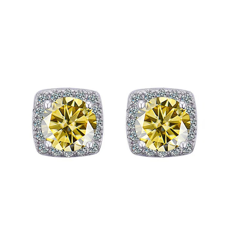 Colored Cushion Halo Moissanite Stud Earrings in Silver — Lemon yellow
