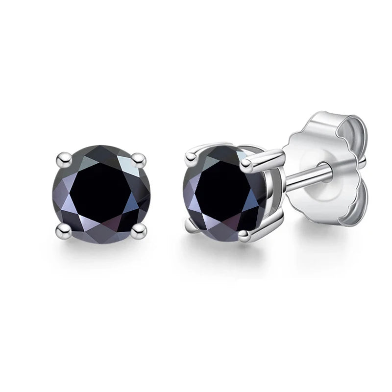 Black & White Moissanite Four-Prong Stud Earrings - black stones and butterfly backs