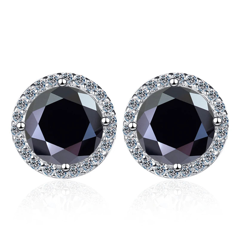 Colored Round Halo Moissanite Stud Earrings in Silver - Black centers