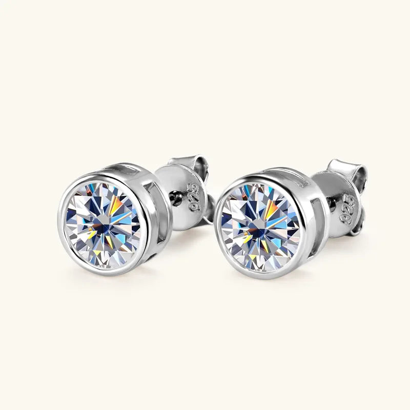 Round Moissanite Stud Earrings in Silver & Gold-Tone Settings — Silver bezel fronts