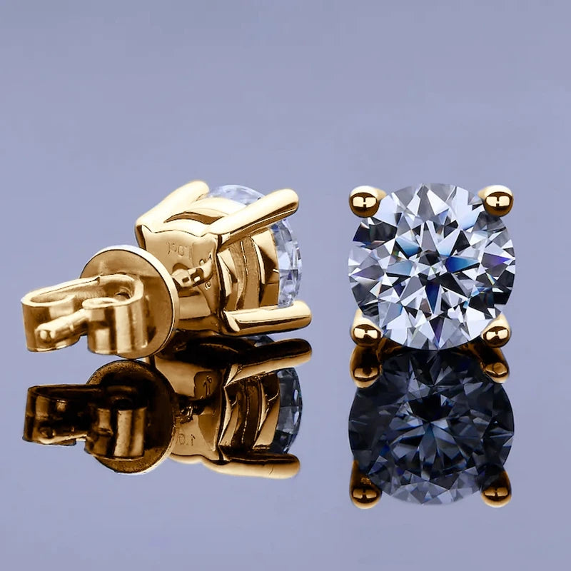 Four-Prong Round Moissanite Stud Earrings in Silver — Gold-tone backs and posts