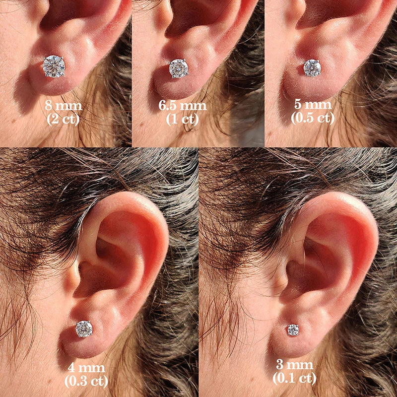 Black & White Moissanite Four-Prong Stud Earrings - size comparison worn