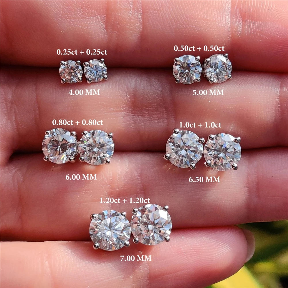 Round Moissanite Solitaire Stud Earrings in Sterling Silver - carat and diameter comparison