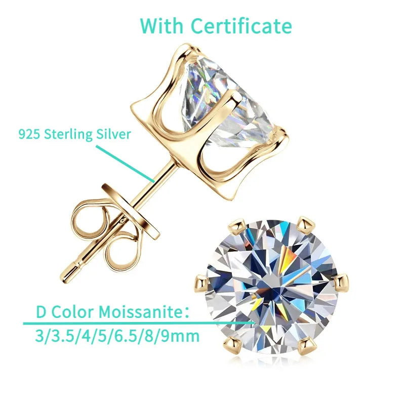 Round Moissanite Solitaire Stud Earrings in Sterling Silver — Gold-tone setting details