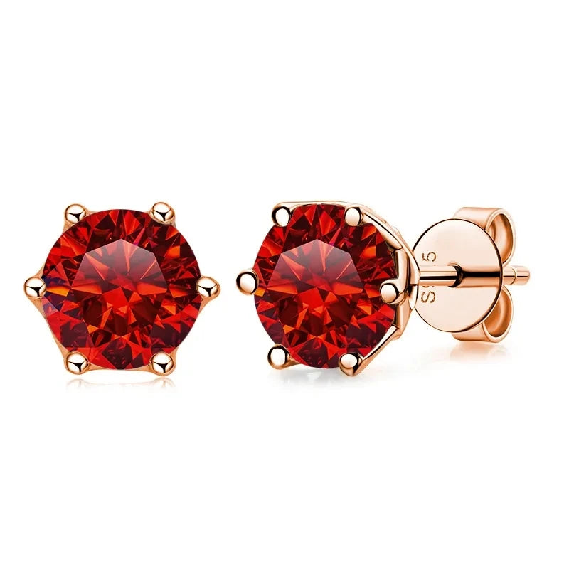 Colored Moissanite Stud Earrings in Rose Gold-Tone Silver - red stones