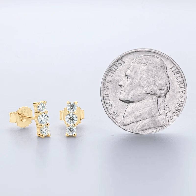 Moissanite Bar & Curved Climber Stud Earrings in Sterling Silver — Gold-tone bar scale
