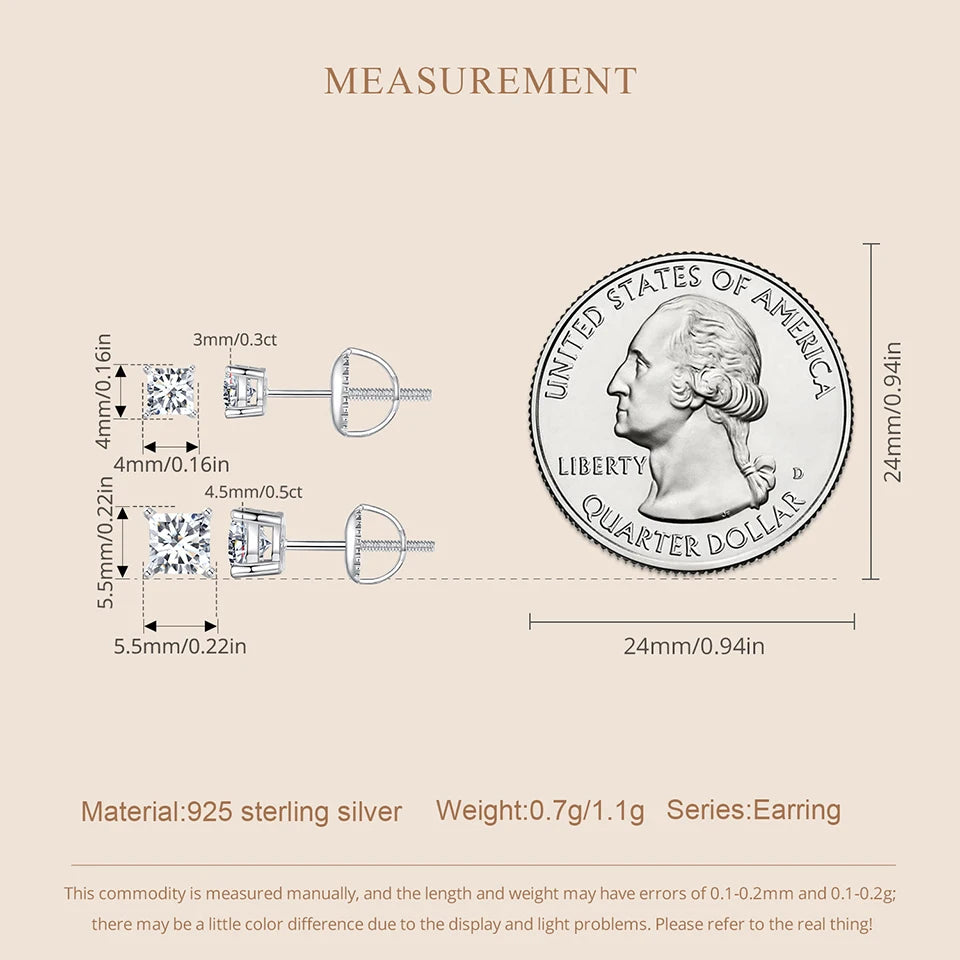 Round & Square Moissanite Screw-Back Stud Earrings in Silver — Square size comparison