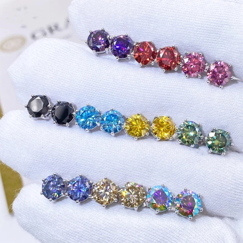 Colored Six-Prong Moissanite Stud Earrings in Sterling Silver — Color comparison
