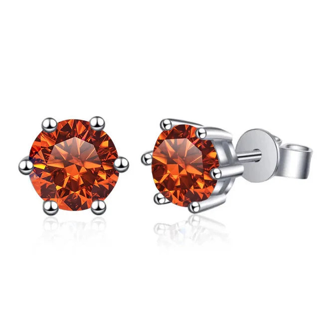 Colored Six-Prong Moissanite Stud Earrings in Sterling Silver — Orange