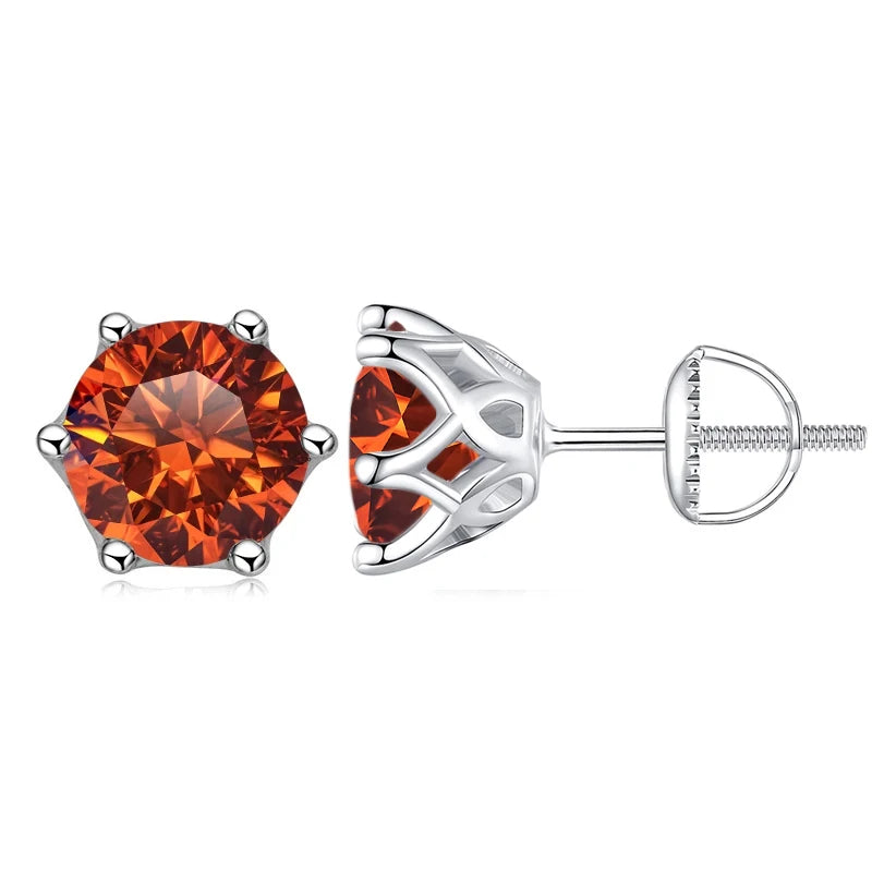 Colored Six-Prong Moissanite Screw-Back Stud Earrings — Orange