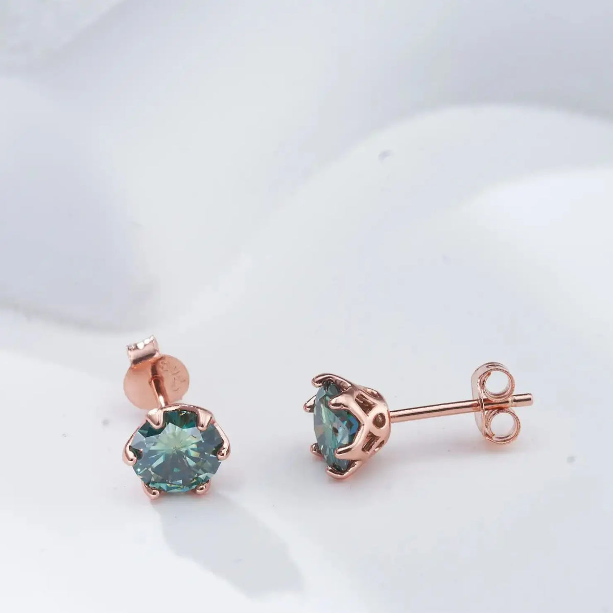 Colorful Moissanite Stud Earrings in Rose Gold-Plated Silver — Green stone side settings