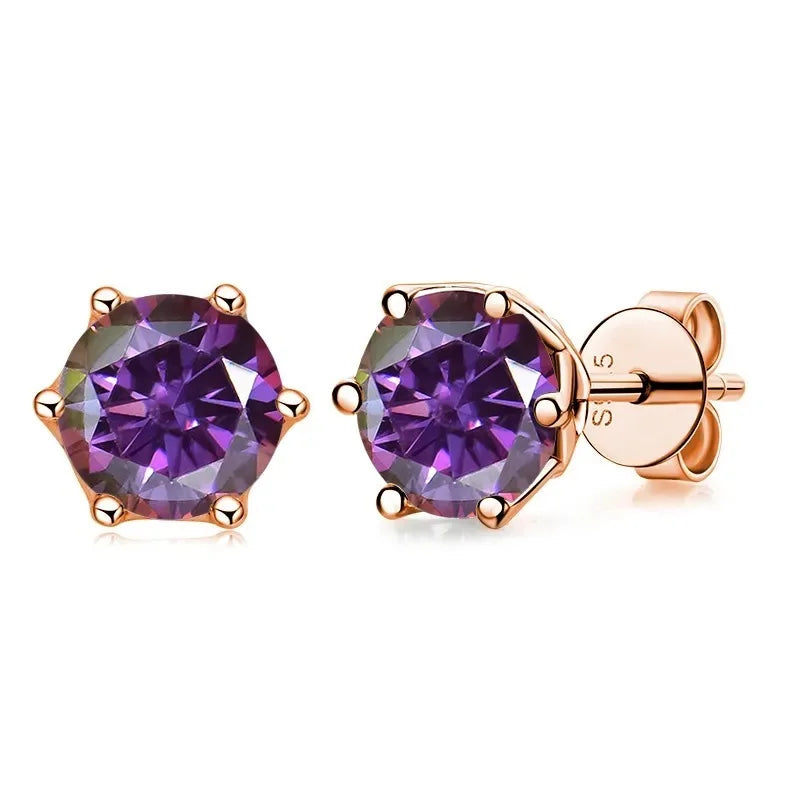 Rose Gold-Tone Colored Moissanite Six-Prong Stud Earrings — Purplish red