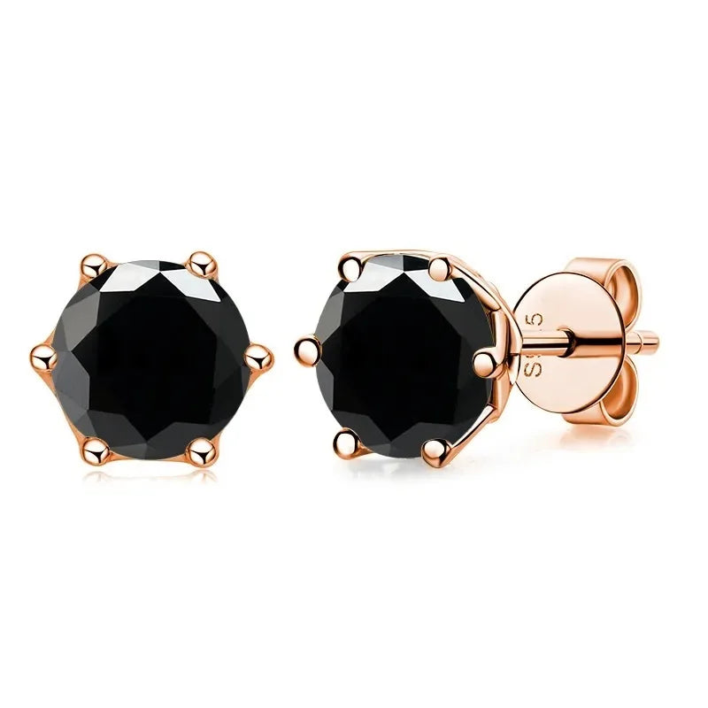 Rose Gold-Tone Colored Moissanite Six-Prong Stud Earrings — Black stones