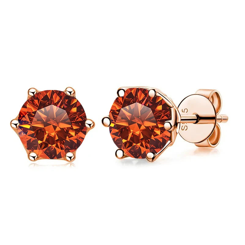 Rose Gold-Tone Colored Moissanite Six-Prong Stud Earrings — Orange