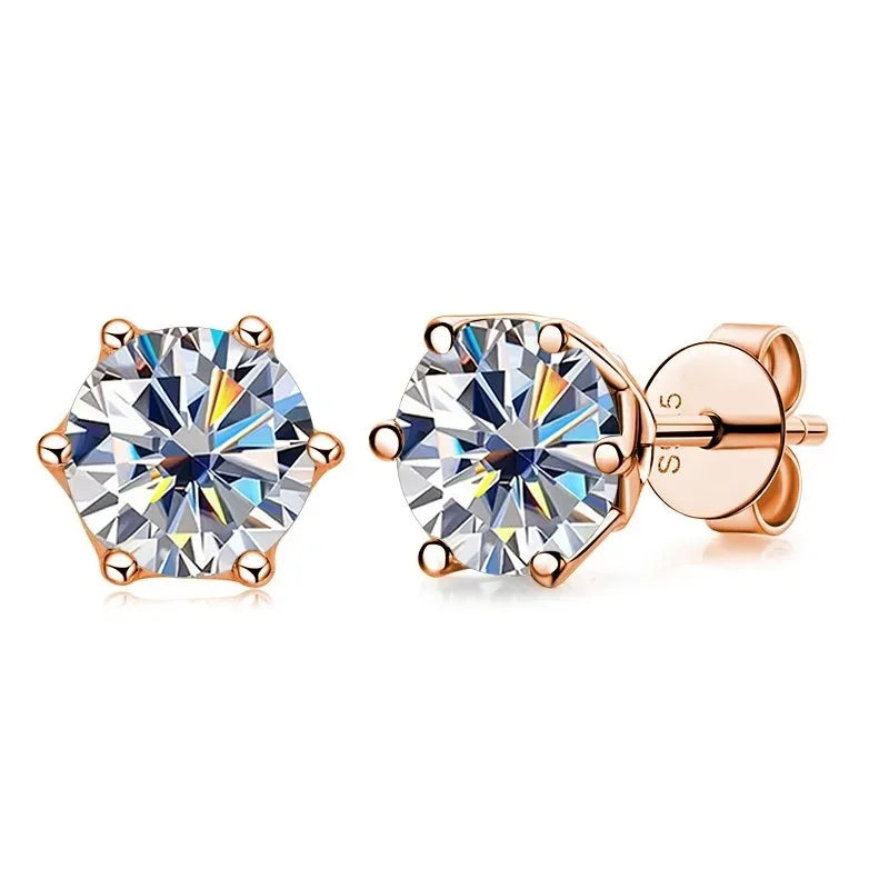 Rose Gold-Tone Colored Moissanite Six-Prong Stud Earrings — White pair