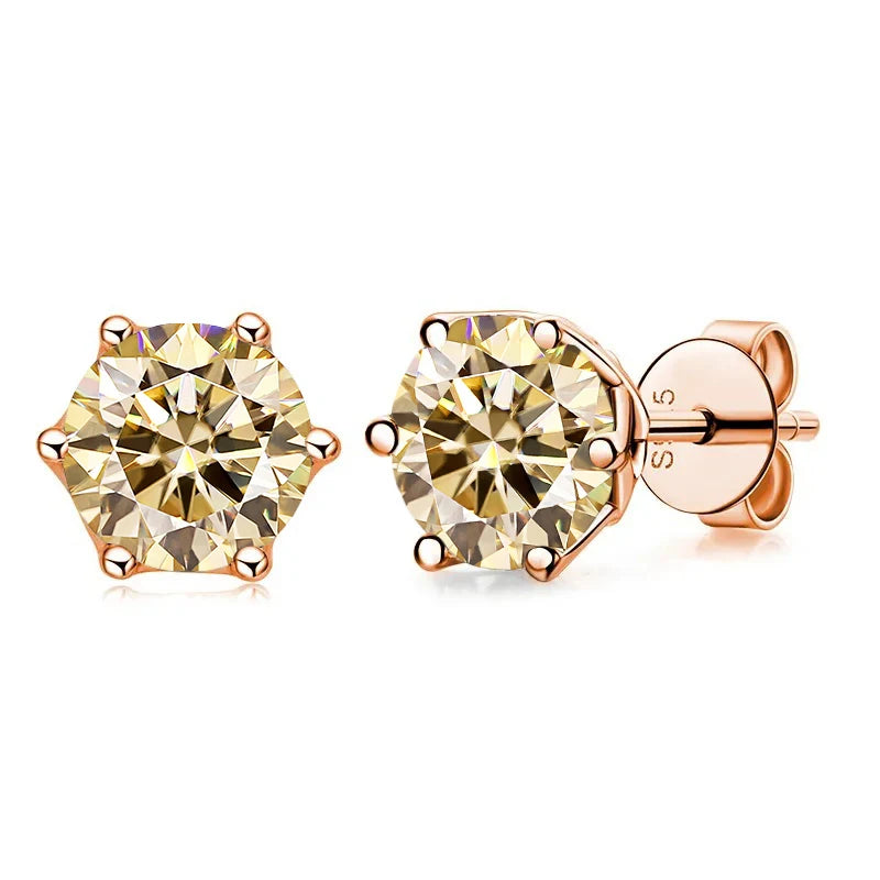 Rose Gold-Tone Colored Moissanite Six-Prong Stud Earrings — Light yellow