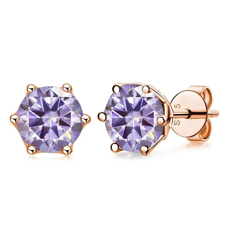 Rose Gold-Tone Colored Moissanite Six-Prong Stud Earrings — Light purple